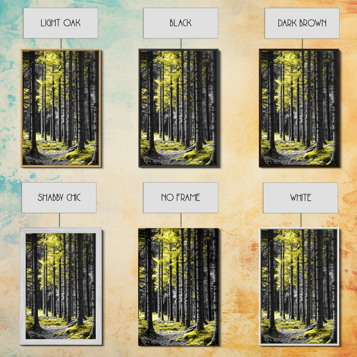 Yellow Forest, Tall Pines, Woodland Scene, Framed Canvas Print, Modern Nature Wall Art, Cabin Living Room Decor, Fall Forest Art