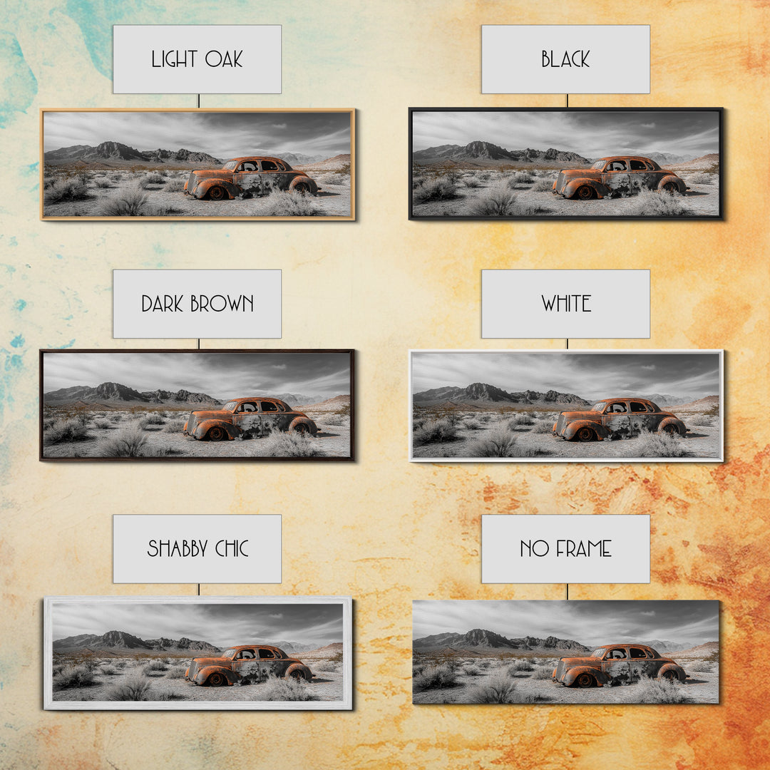 Desert Wreck, Abandoned Car, Moody Landscape, Rusty Vehicle — Framed Canvas Print, Industrial Wall Art, Garage Decor, Western Photography