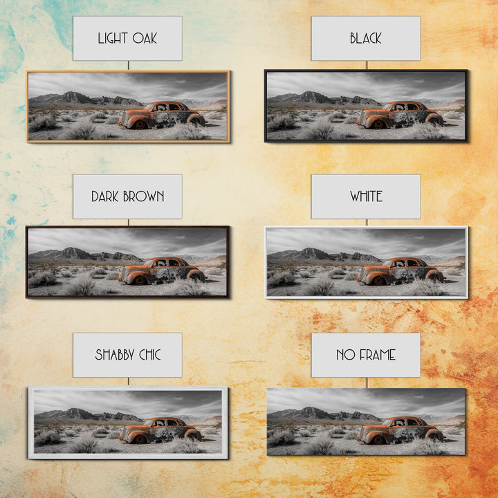 Desert Wreck, Abandoned Car, Moody Landscape, Rusty Vehicle — Framed Canvas Print, Industrial Wall Art, Garage Decor, Western Photography