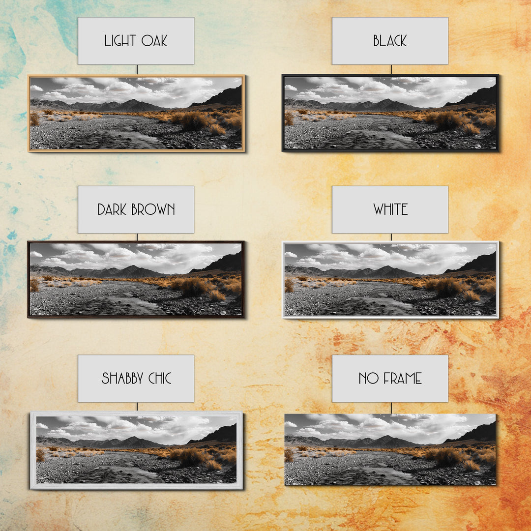 Desert Creek, Rugged Mountains, Golden Shrubs, Nature Path — Framed Canvas Print, Autumn Wall Decor, Rustic Office Art, Landscape Canvas