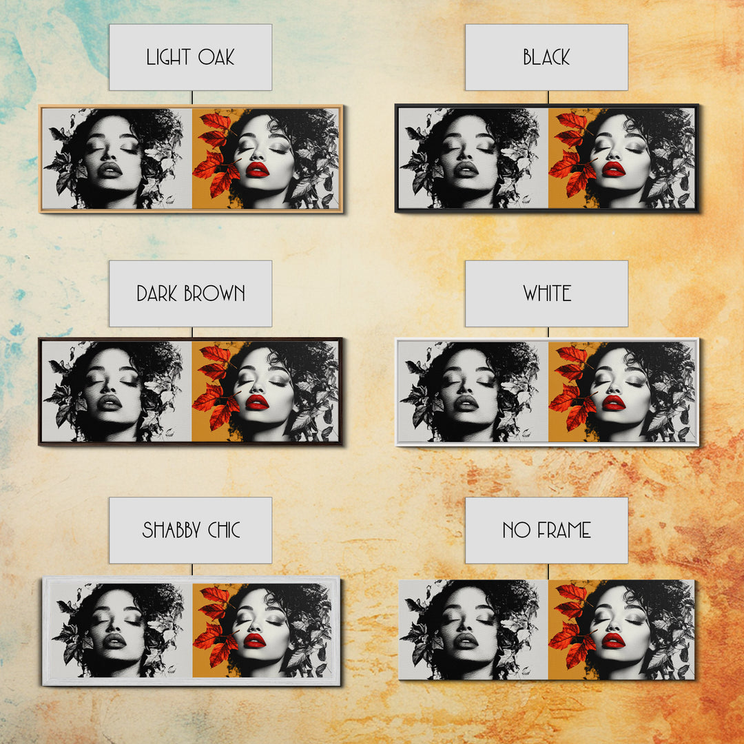 Autumn Leaves, Bold Lips Portrait, Fashion Face Art, Framed Canvas Print, Fall Wall Decor, Modern Bedroom Art, Boho Glam Aesthetic