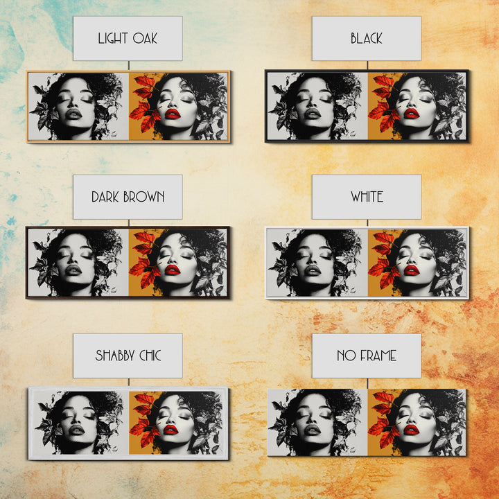 Autumn Leaves, Bold Lips Portrait, Fashion Face Art, Framed Canvas Print, Fall Wall Decor, Modern Bedroom Art, Boho Glam Aesthetic