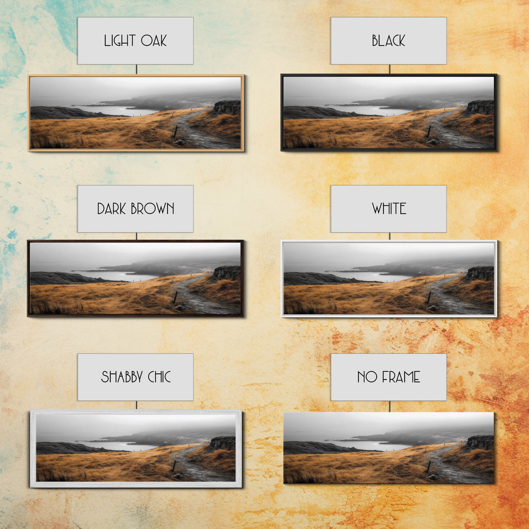 Coastal Cliff Path, Golden Grasses by Sea, Canvas Print, Autumn Hiking Scene, Misty Nature Wall Art, Hallway Landscape Photography