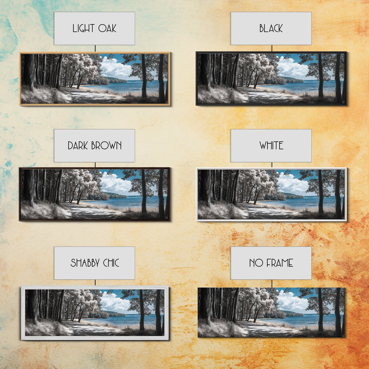 Coastal Forest Path, Lakeside Nature Trail, Tranquil Blue Water, Canvas Print, Minimalist Landscape, Bedroom Wall Art