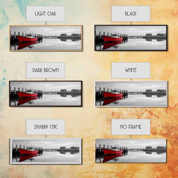 Red Fishing Boat, Harbor Reflection Scene, Calm Dockside Water, Framed Canvas Print, Nautical Art, Living Room Wall Decor