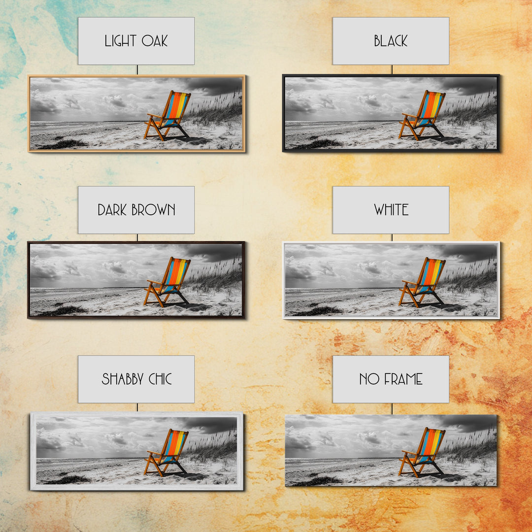 Beach Chair, Coastal Solitude, Striped Fabric, Seaside Calm, Framed Canvas Print, Minimalist Wall Art, Beach House Decor