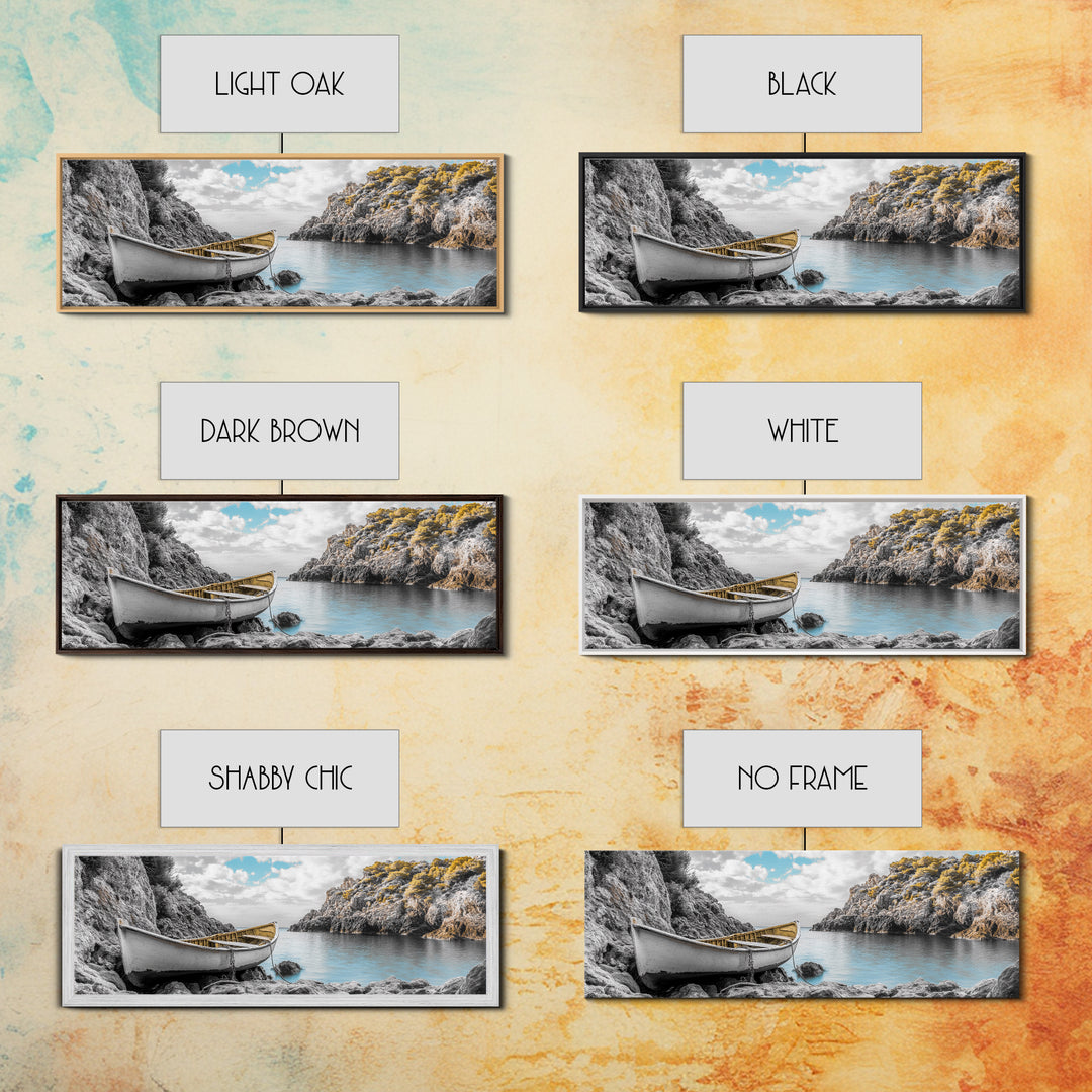 Abandoned Rowboat, Rustic Shore, Autumn Cove, Island Serenity, Framed Canvas Print, Lakehouse Decor, Coastal Wall Art, Nature Print