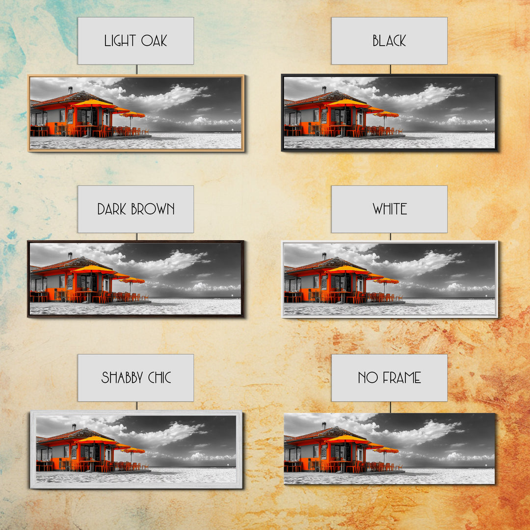 Beach Cafe, Orange Umbrellas, Seaside Dining, Sunny Vibes, Framed Canvas Print, Kitchen Wall Art, Summer Coastal Style