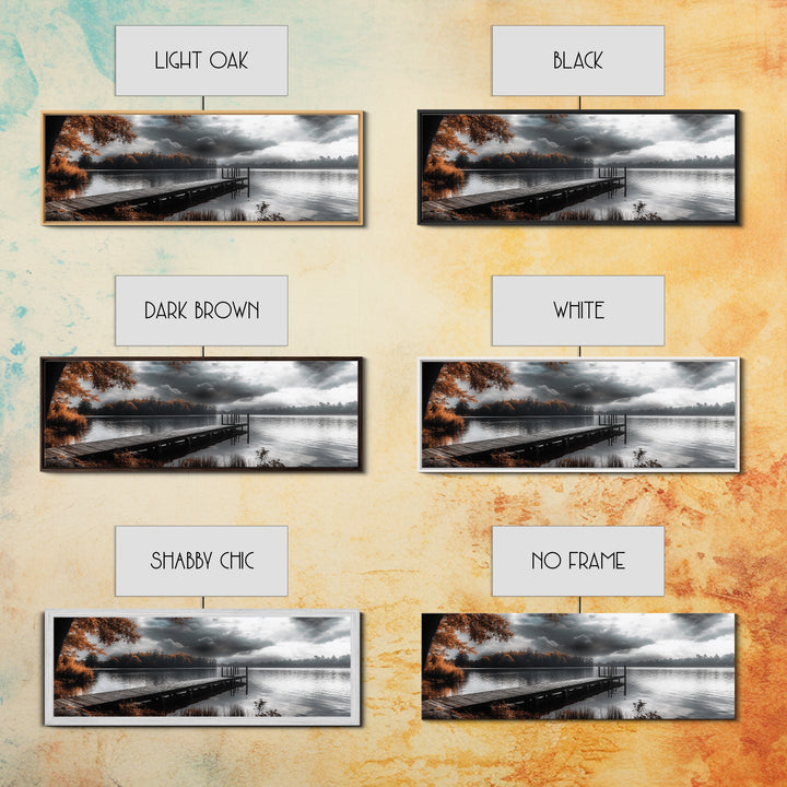 Autumn Lake, Stormy Sky, Wooden Dock, Canvas Print, fall landscape wall art, cozy home decor, cabin style print, orange forest reflections