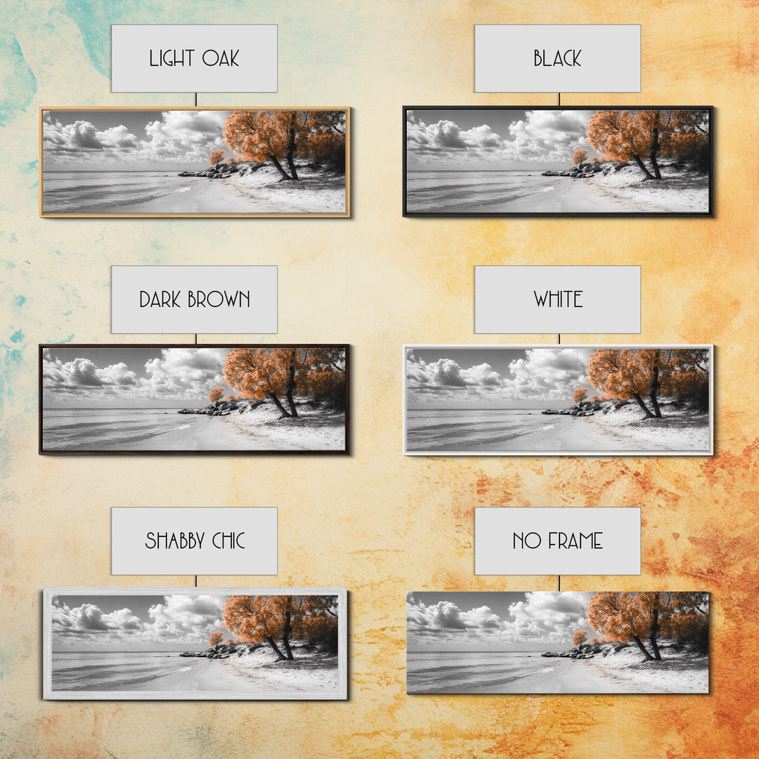 Sandy Beach Trees, Golden Autumn Coastline, Cloudy Sky Horizon, Canvas Print, Nature Coastal Art, Bathroom Wall Decor, Boho Fall Aesthetic