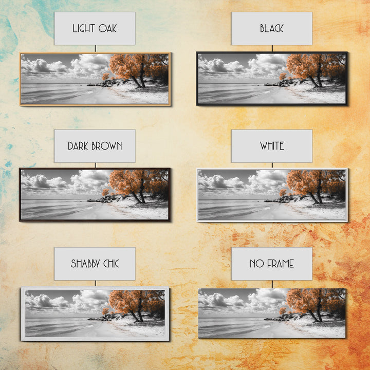 Sandy Beach Trees, Golden Autumn Coastline, Cloudy Sky Horizon, Canvas Print, Nature Coastal Art, Bathroom Wall Decor, Boho Fall Aesthetic
