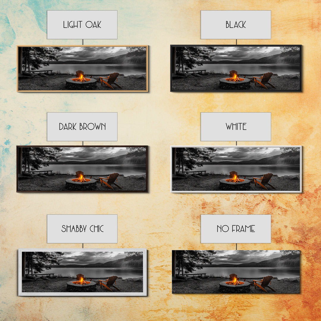 Campfire Chairs Lakeside, Cozy Autumn Vibes, Mountain Cabin View, Framed Canvas Print, Rustic Fall Wall Art, Living Room Fireplace Decor