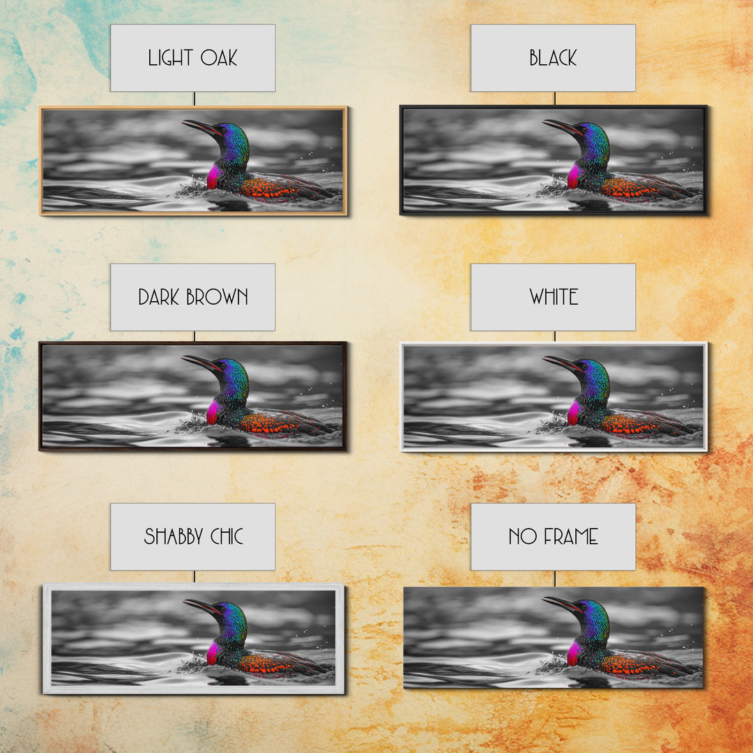 Colorful Loon, Rainbow Feathers, Water Splash, Unique Wildlife, Framed Canvas Print, Bathroom Wall Art, Eclectic Style, Birdwatcher Gift