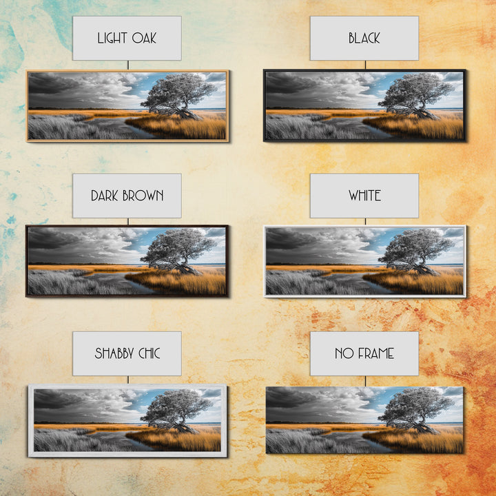 Autumn Marsh, Windswept Tree, Golden Grass, Storm Sky, Framed Canvas Print, Fall Wall Art, Living Room Decor, Rustic Landscape