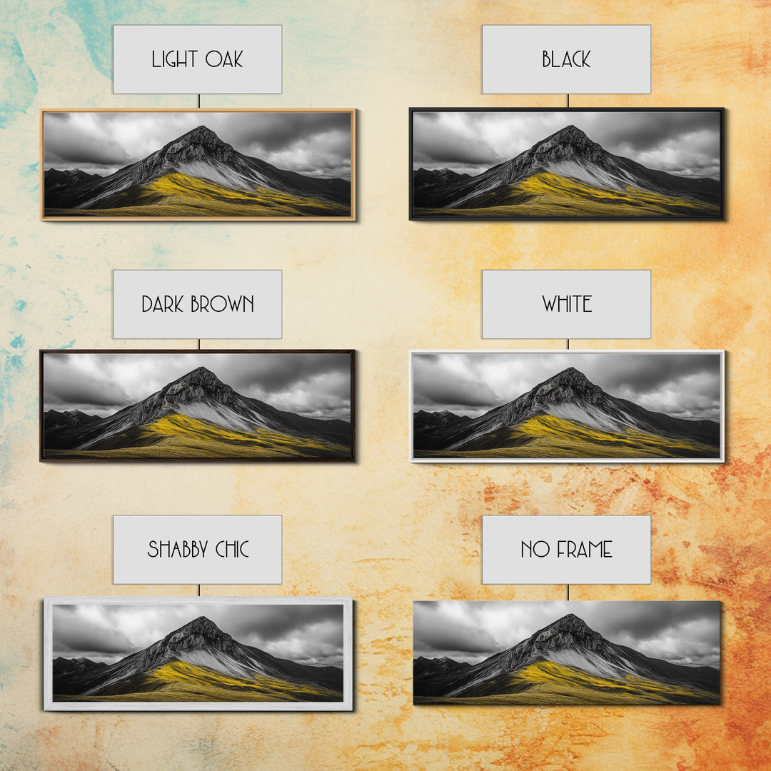 Black Mountain Peak, Moody Sky, Bold Yellow Hillside, Framed Canvas Print, Nature Art, Bedroom Wall Decor, Modern Landscape Print