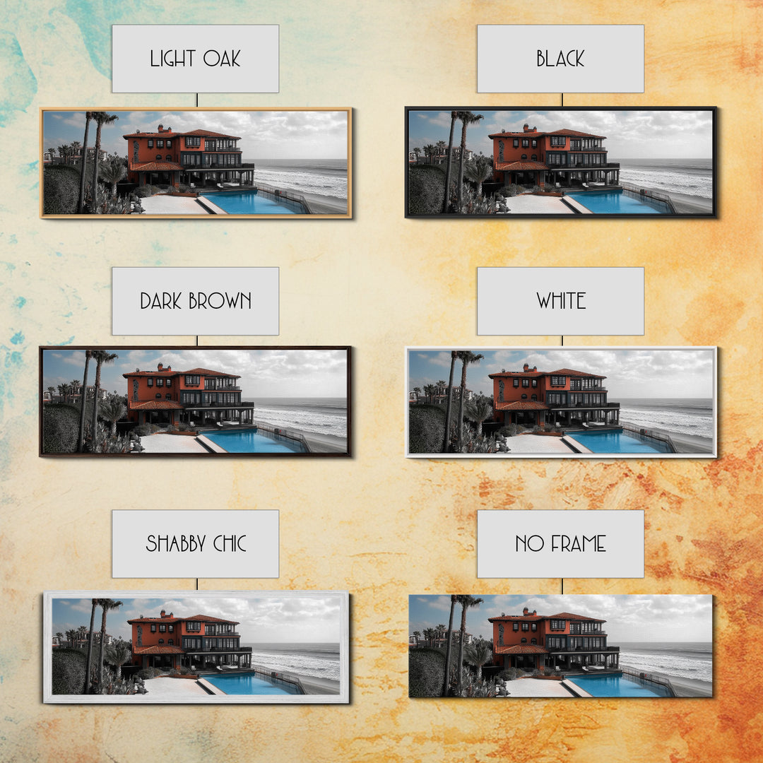 Coastal Villa, Ocean View, Infinity Pool, Sunset Escape, Framed Canvas Print, Beach House Decor, Mediterranean Art, Living Room Wall Art