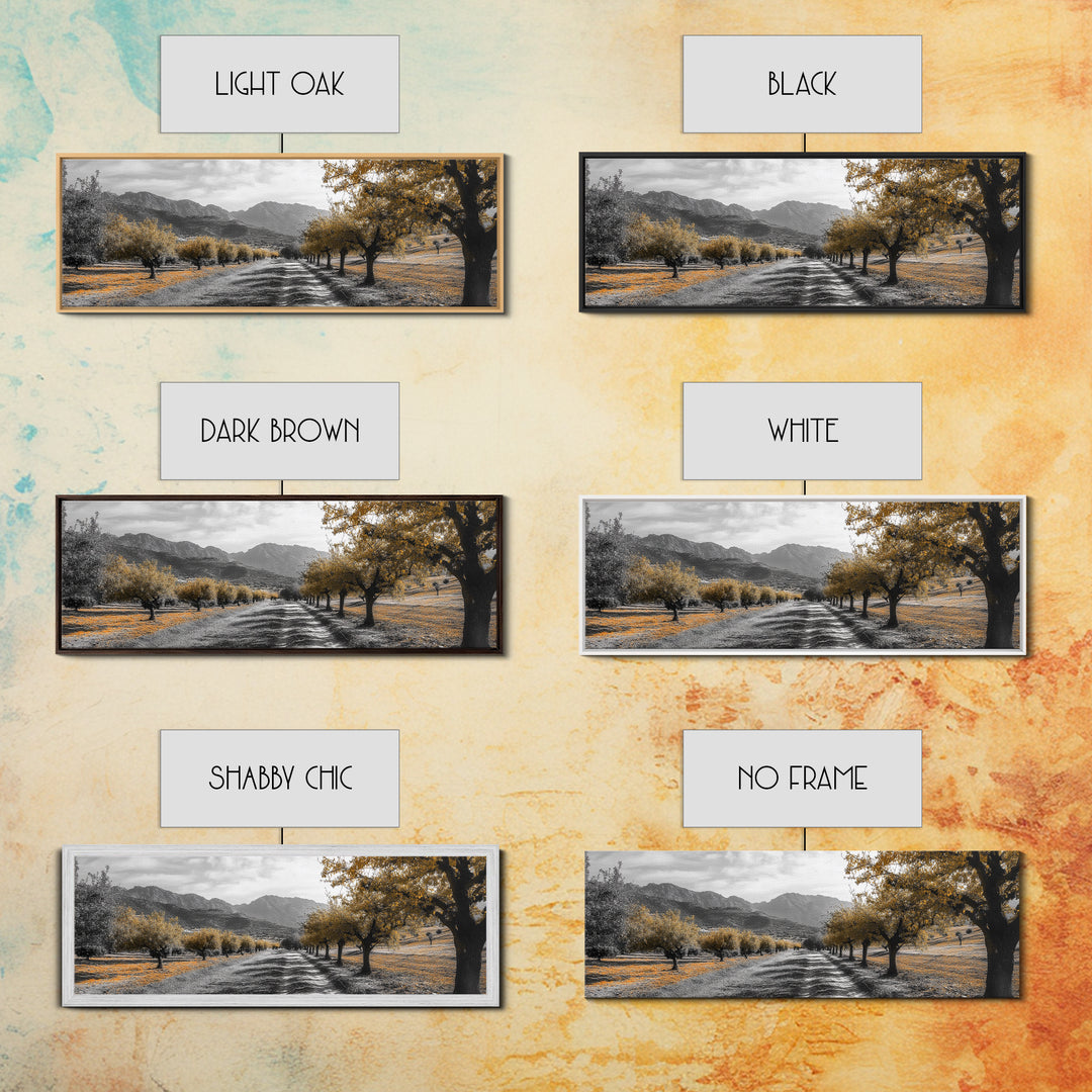 Autumn Orchard, Tree Tunnel, Mountain Path, Golden Fields, Framed Canvas Print, Fall Landscape Art, Rustic Farmhouse Decor, Dining Room Wall Art