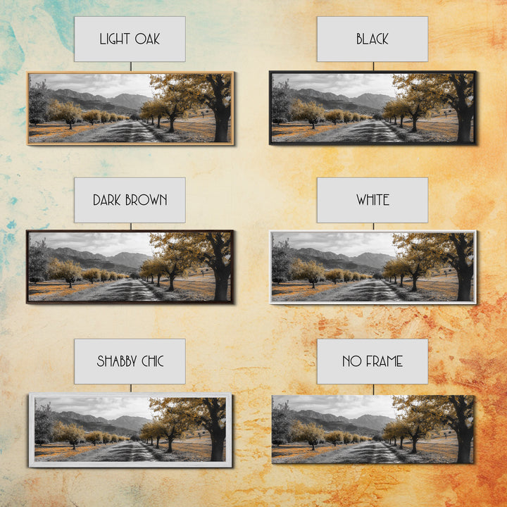 Autumn Orchard, Tree Tunnel, Mountain Path, Golden Fields, Framed Canvas Print, Fall Landscape Art, Rustic Farmhouse Decor, Dining Room Wall Art