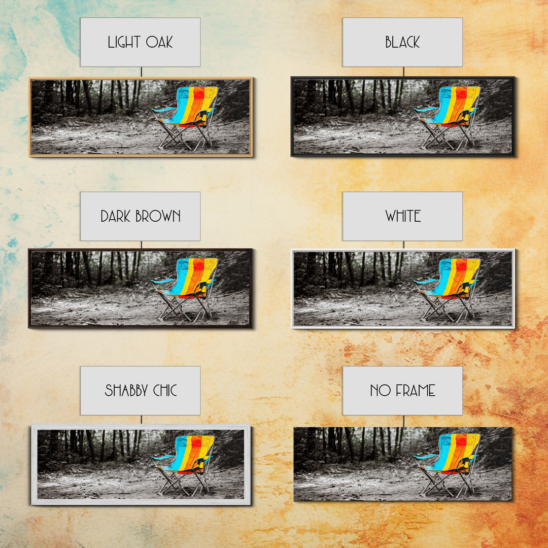 Camping Chair, Forest Trail, Boho Vibes, Outdoor Escape, Framed Canvas Print, Playful Wall Art, Kids Room Decor, Nature Adventure Style