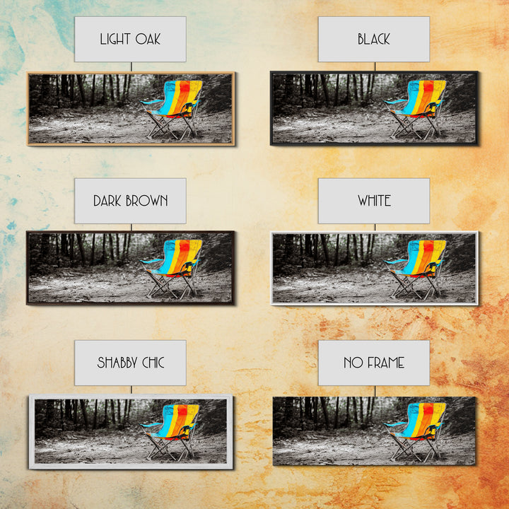 Camping Chair, Forest Trail, Boho Vibes, Outdoor Escape, Framed Canvas Print, Playful Wall Art, Kids Room Decor, Nature Adventure Style