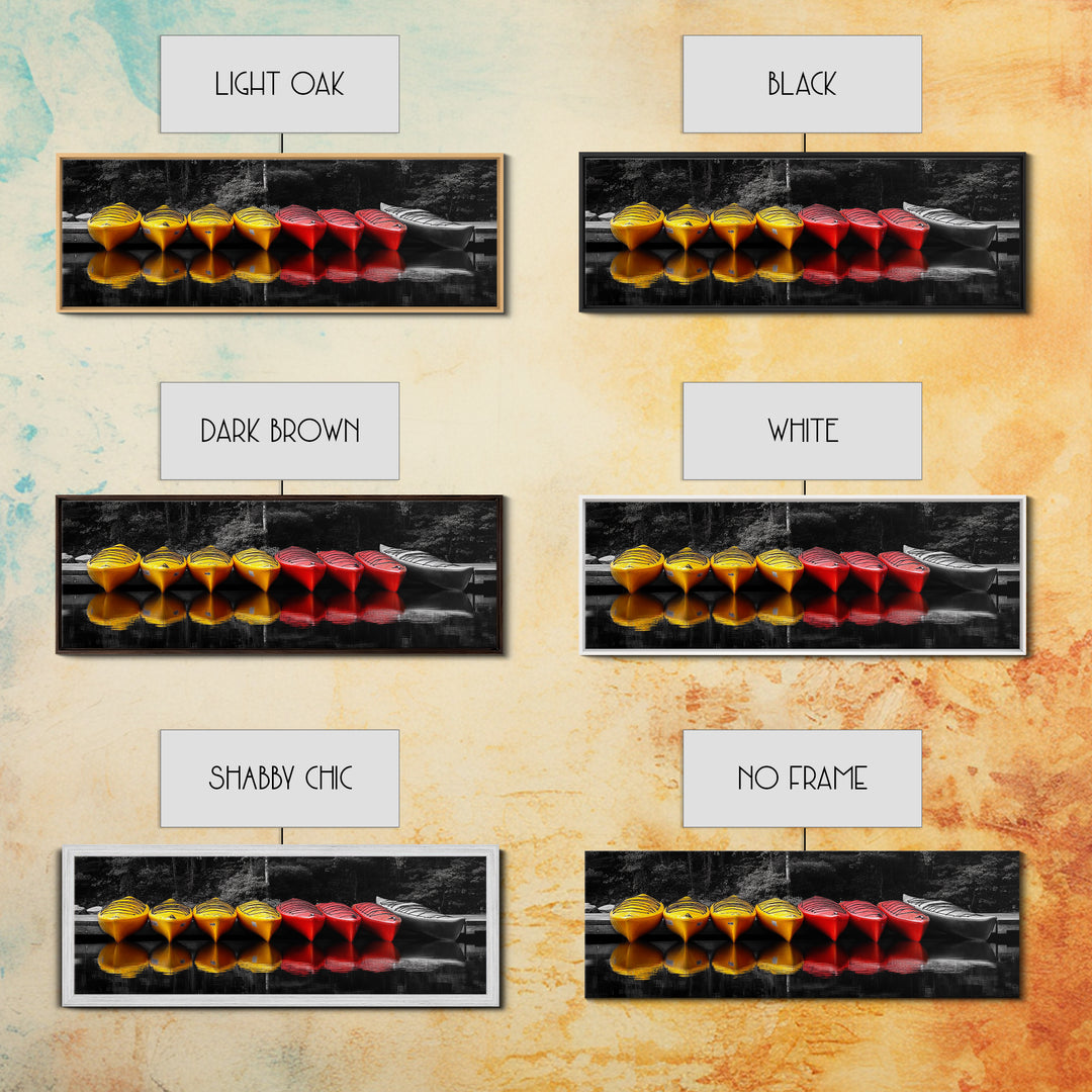 Canoes Docked, Reflection Scene, Kayak Art, Framed Canvas Print, Adventure Wall Art, Boho Water Sports, Cabin Living Room Decor