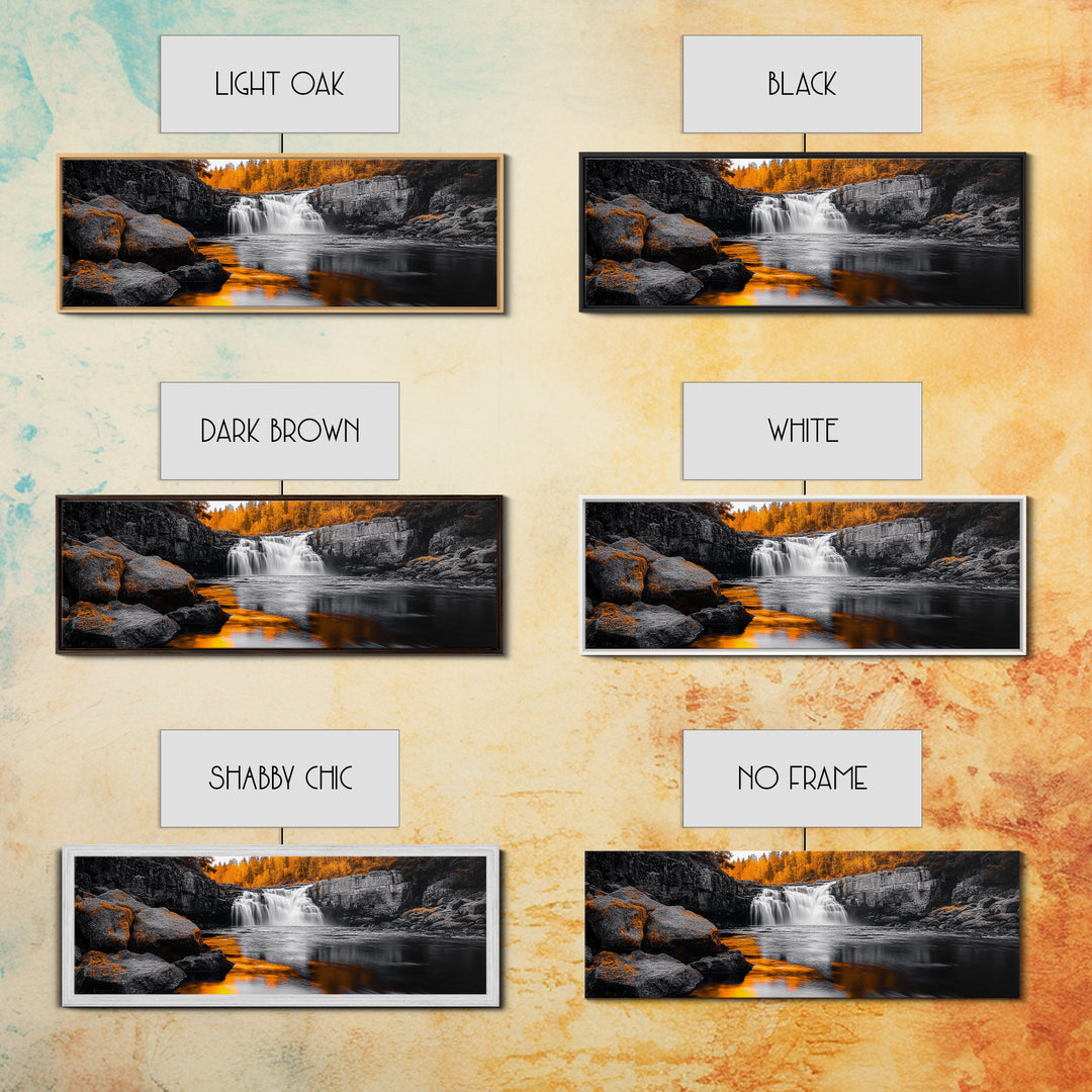 Autumn Waterfall, Fall Trees, Golden Reflections, Tranquil Scene, Framed Canvas Print, Nature Wall Art, Seasonal Decor, Cozy Living Room