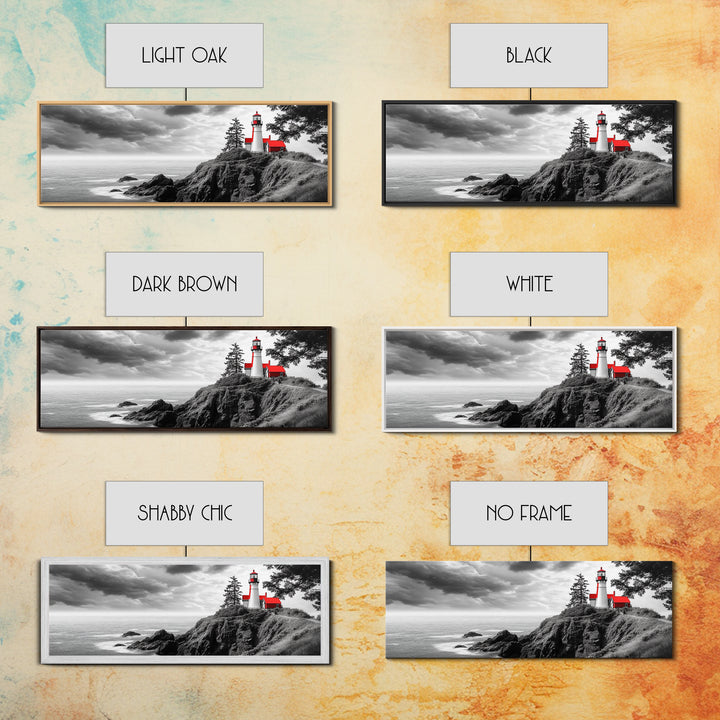 Coastal Lighthouse, Ocean Cliffs, Red Roof, Nautical Beacon, Framed Canvas Print, Bathroom Wall Art, Minimalist Coastal Decor, Seaside Vibe