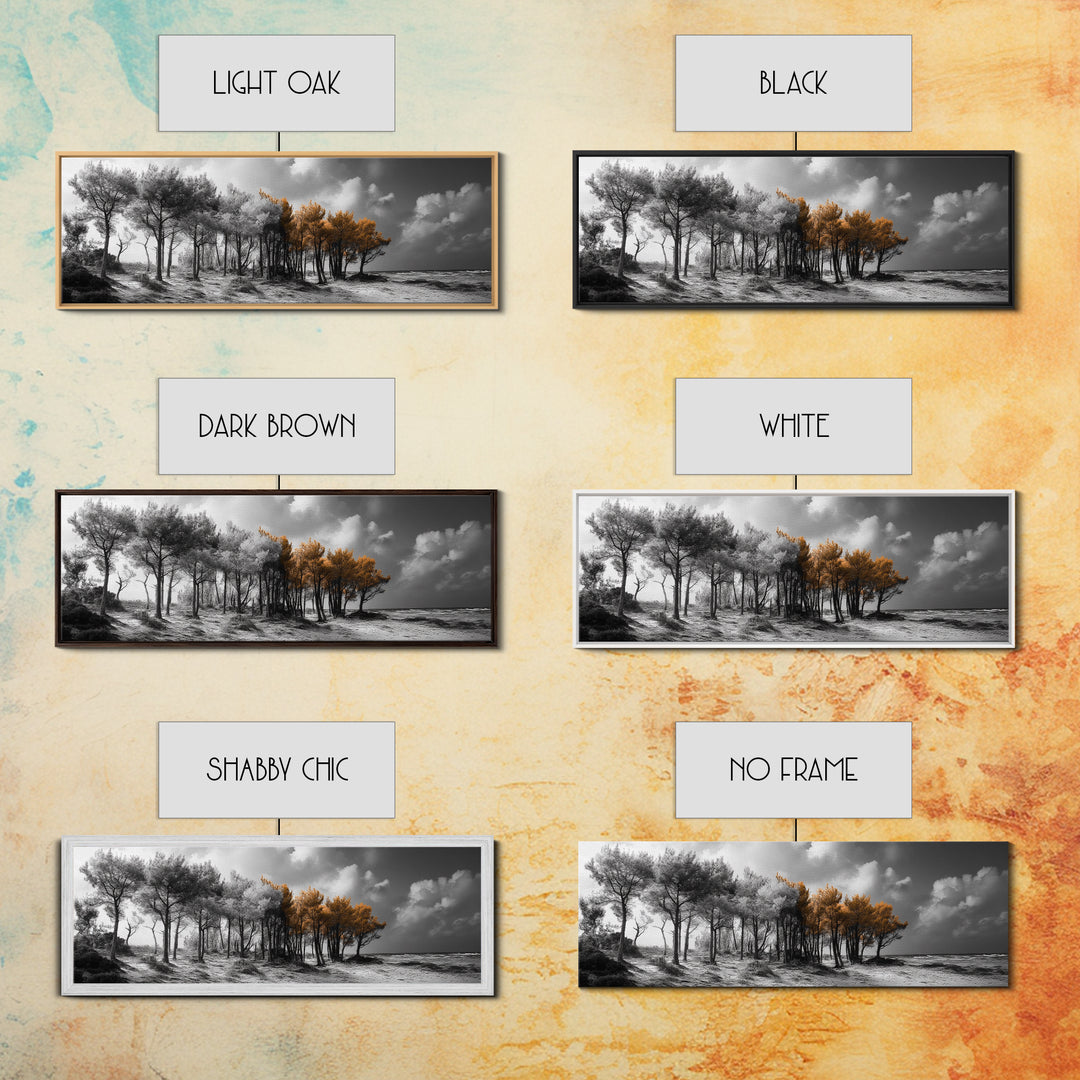 Autumn Forest Trees, Windswept Pine Grove, Beachside View, Framed Canvas Print, Fall Wall Art, Entryway Decor, Minimalist Style