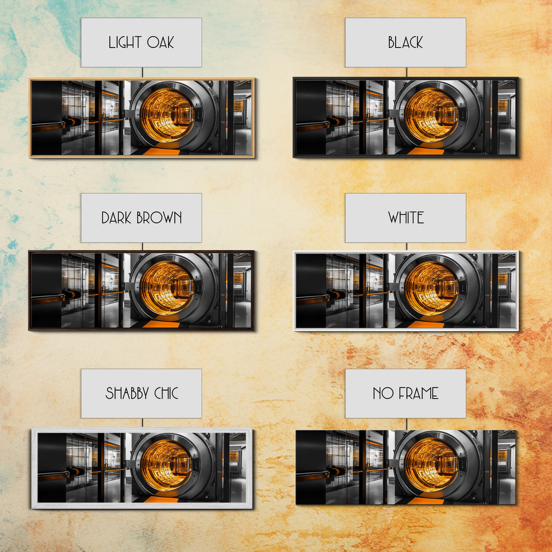 Bank Vault, Futuristic Glow, Industrial Design, Gold Tones, Framed Canvas Print, Office Wall Art, Cyberpunk Decor, Grunge Decor