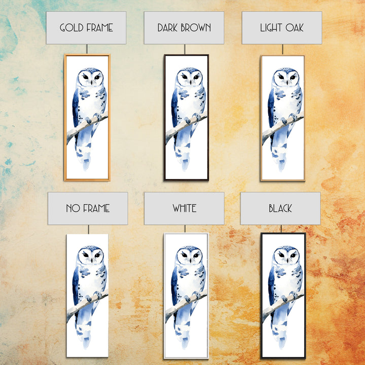 Blue And White Owl On Branch Canvas Print, Minimal Watercolor Bird Art, Nursery Wall Decor, Coastal Blue Bedroom Art Gift