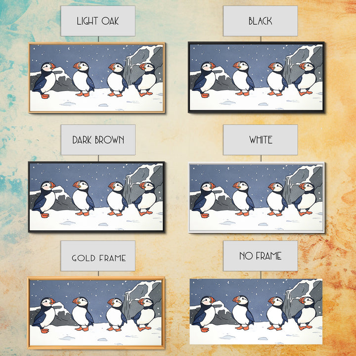Four Puffins In Snowy Arctic Landscape Canvas Print, Whimsical Animal Wall Art For Kids Room, Nursery, Coastal Winter Decor