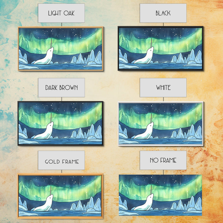 White Narwhal Under Northern Lights Canvas Print, Arctic Ocean Wall Art For Nursery, Kids Room, Coastal Decor, Fantasy Gift