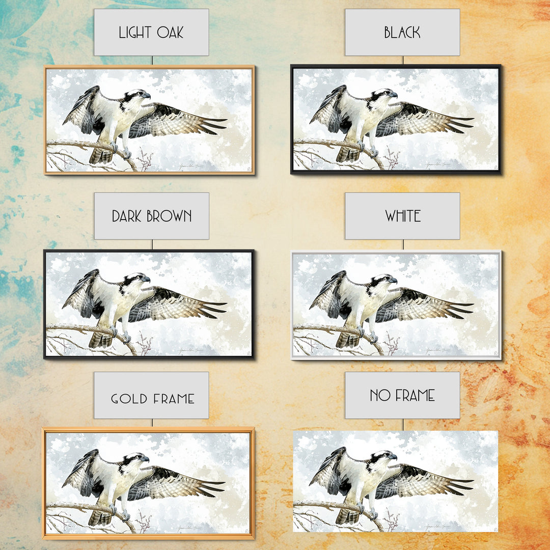 Landing Osprey On Winter Branch Canvas Print, Watercolor Hawk Wall Art, Rustic Nature Decor, Bird Lover Housewarming Gift
