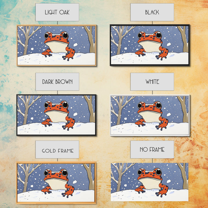 Orange Spotted Frog In Snowy Forest Wall Art, Whimsical Animal Print, Winter Nursery Decor, Cute Kids Room Canvas Art Housewarming Gift