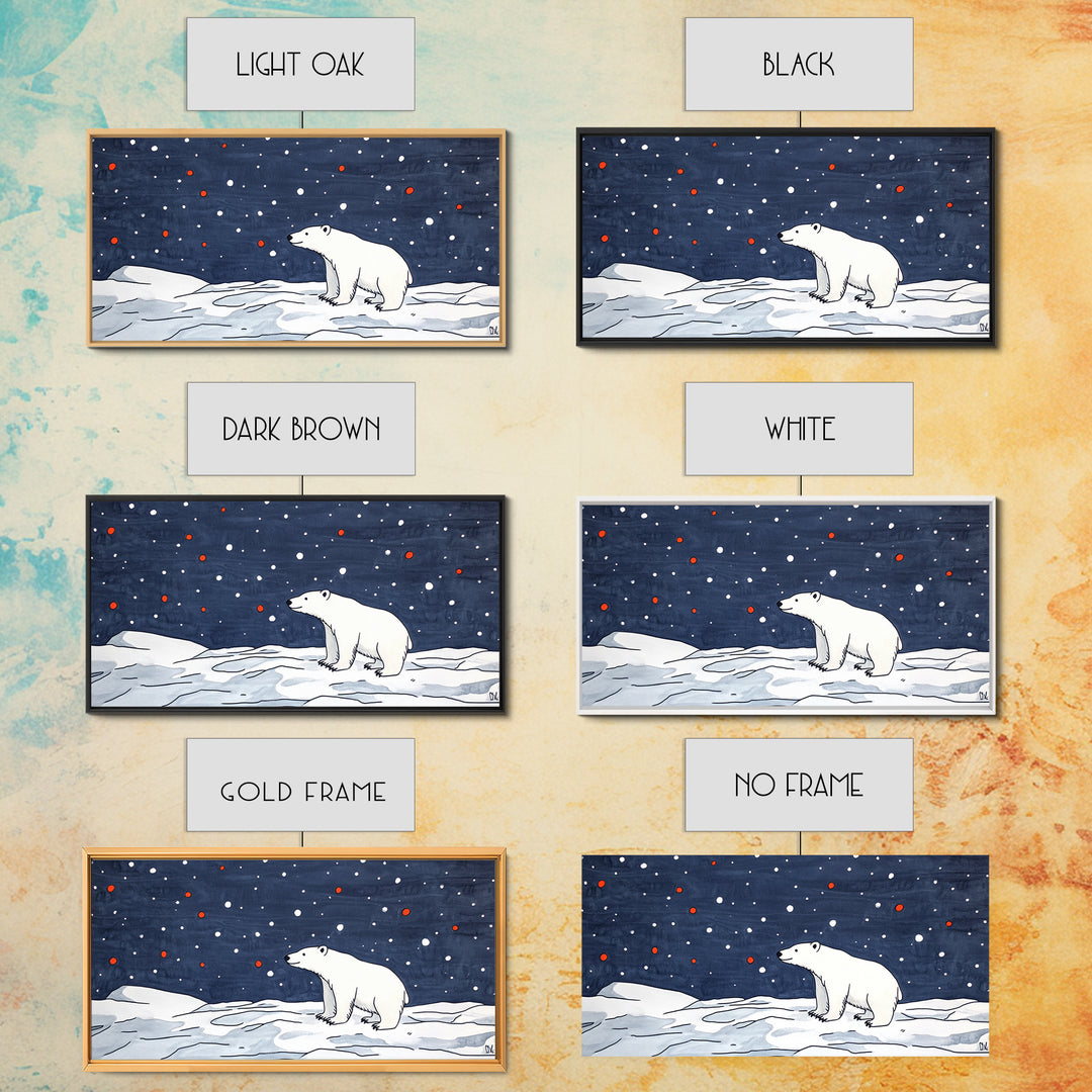 Minimal Polar Bear Snow Scene Wall Art, Arctic Wildlife Illustration, Kids Room Decor, Modern Nursery Canvas Print Gift Idea