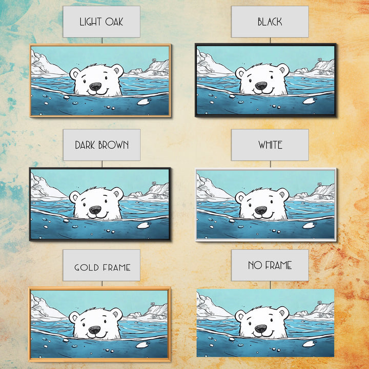 Smiling Polar Bear Swimming In Icy Sea Wall Art, Playful Arctic Animal Print, Ocean Nursery Decor, Kids Room Canvas Gift