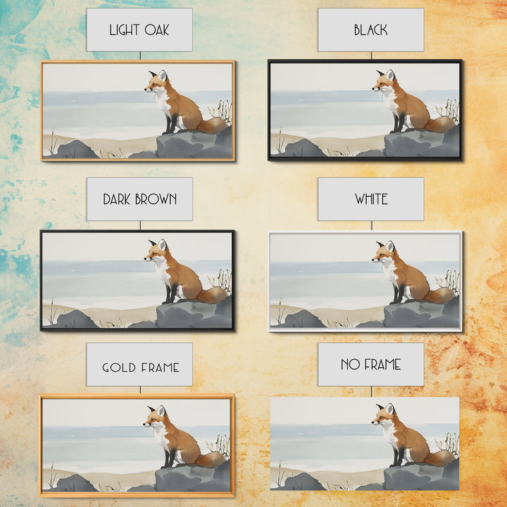 Coastal Fox On Ocean Rocks Wall Art, Minimal Watercolor Wildlife Canvas Print, Beach House Decor, Neutral Living Room Art