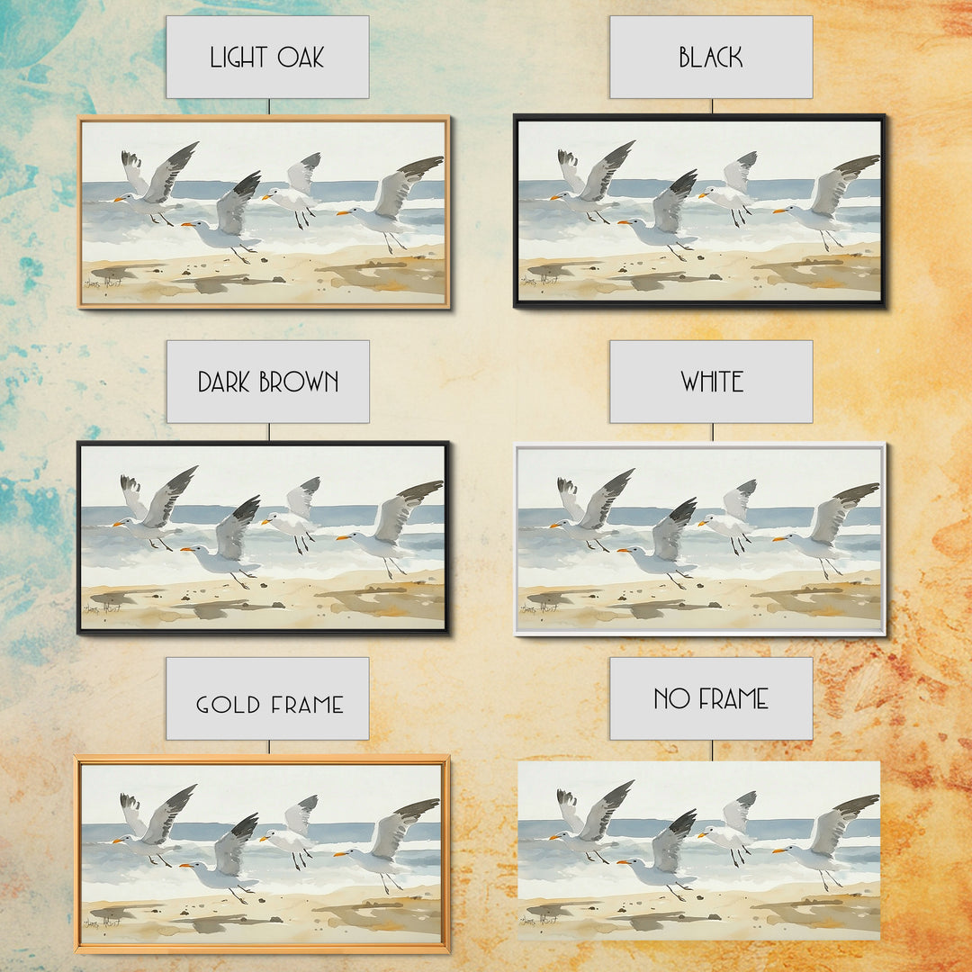 Flying Seagulls Over Sandy Watercolor Beach Wall Art, Coastal Ocean Canvas Print, Nautical Seascape Decor, Beach House Gift