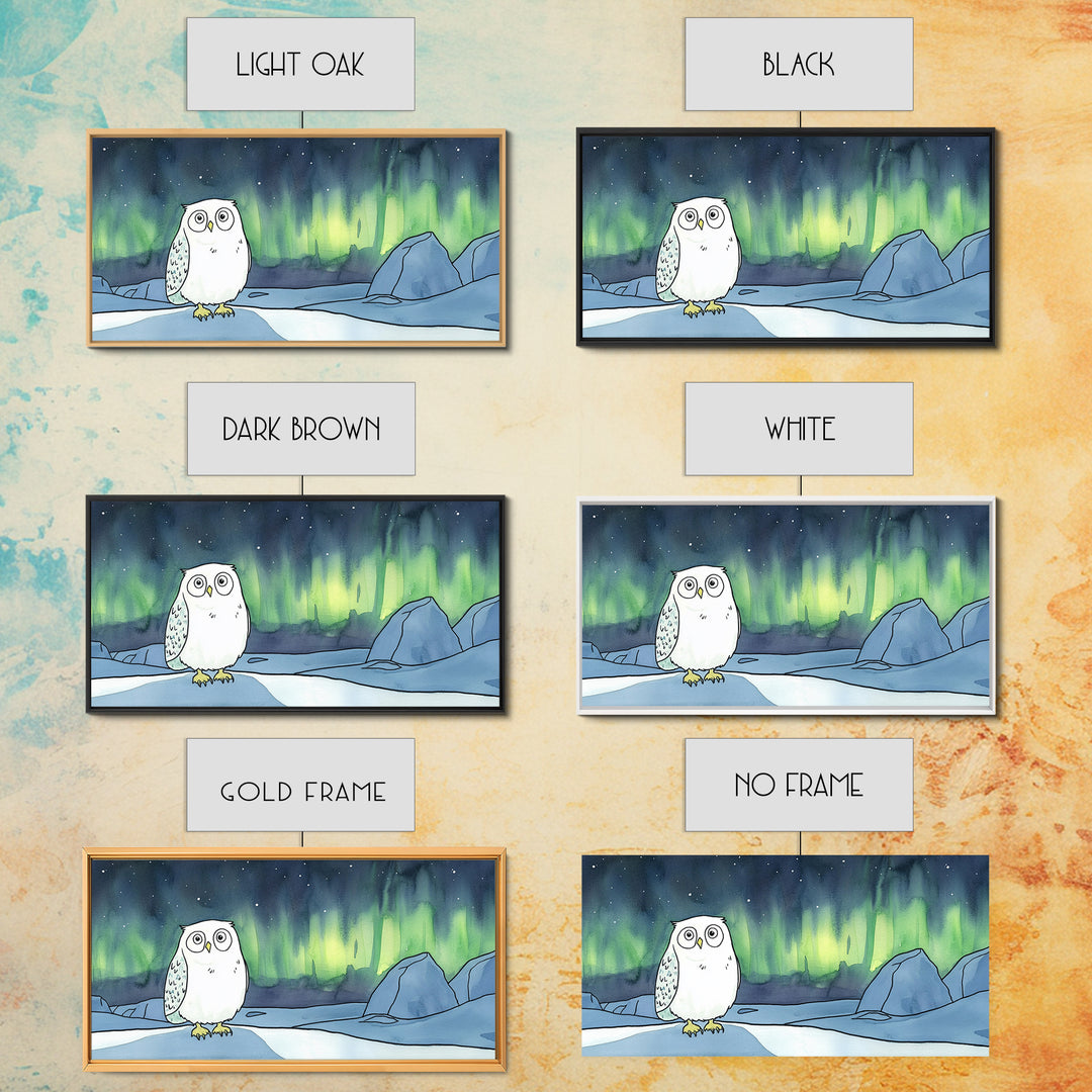 Wide Eyed Snowy Owl Aurora Canvas Print, Northern Lights Wall Art, Whimsical Animal Art, Kids Room Decor Gift For Baby Bedroom