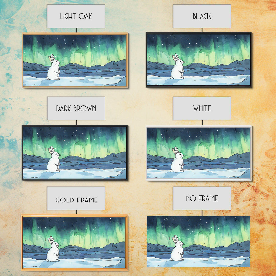 White Rabbit Watching Aurora Canvas Print, Northern Lights Wall Art, Whimsical Animal Art, Nursery Decor Gift For Kids Room
