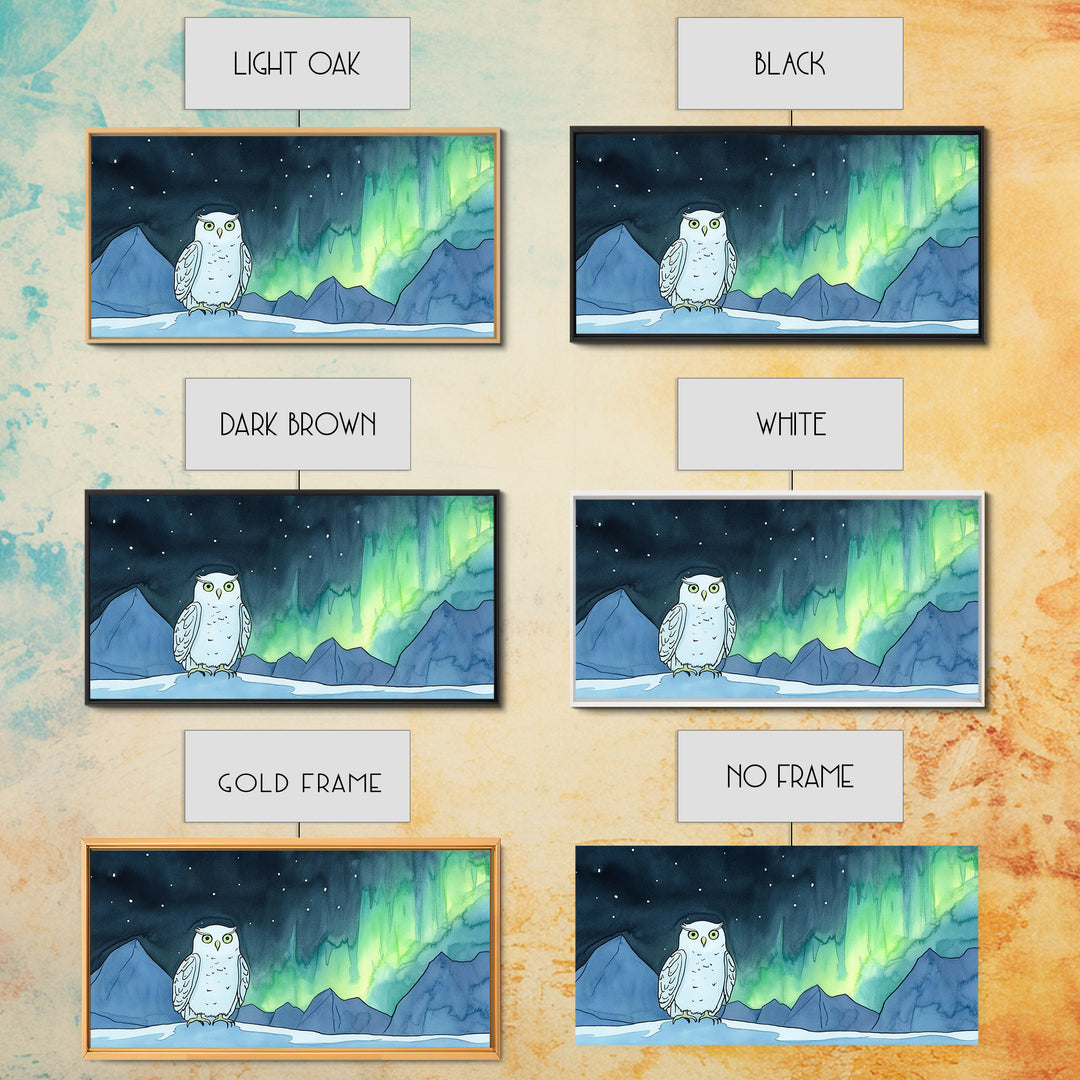 Snowy Owl Northern Lights Canvas Print, Aurora Mountain Wall Art, Whimsical Wildlife Art, Nursery Kids Room Decor Gift For Her