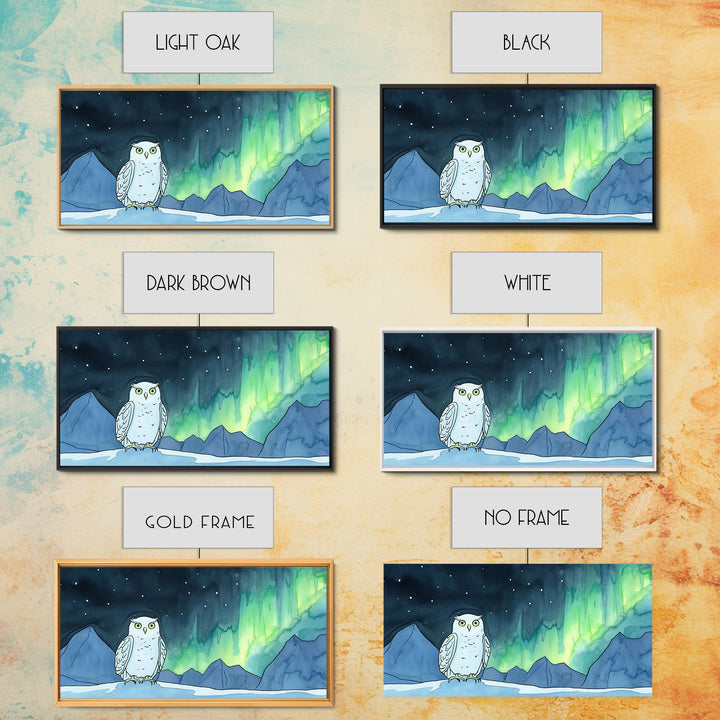 Snowy Owl Northern Lights Canvas Print, Aurora Mountain Wall Art, Whimsical Wildlife Art, Nursery Kids Room Decor Gift For Her