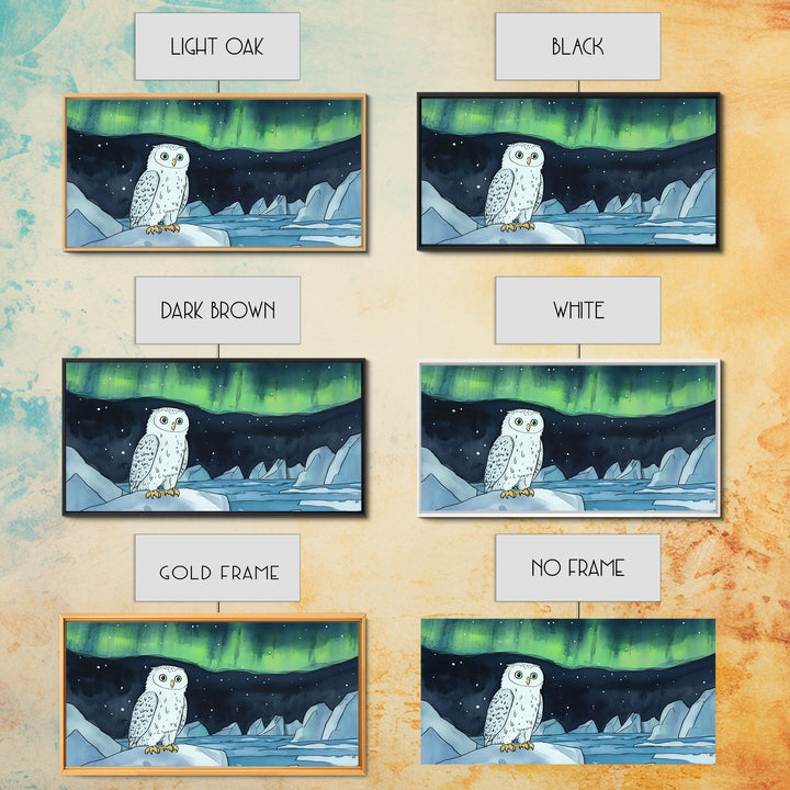 Snowy Owl Under Northern Lights Framed Canvas Print, Aurora Borealis Wall Decor, Arctic Wildlife Nursery Or Cabin Art Gift