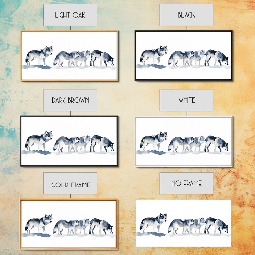 Walking Wolf Pack In Snow Framed Canvas Print, Watercolor Wildlife Wall Art, Rustic Cabin Decor, Winter Animal Art Print