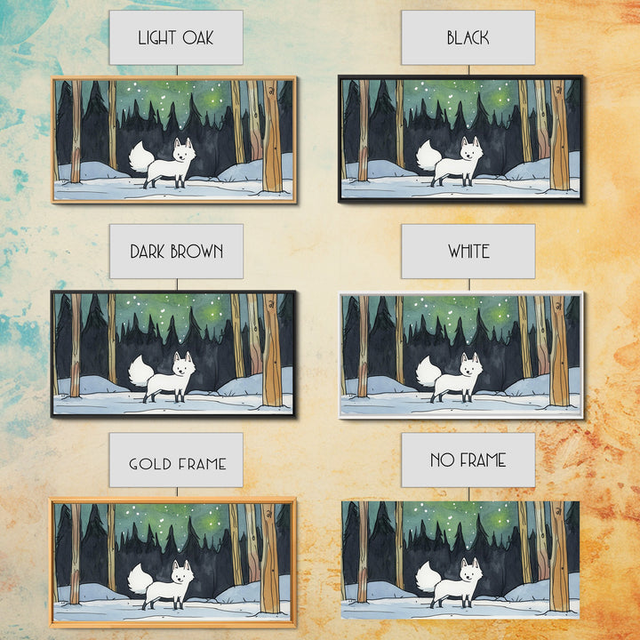 White Fox In Snowy Pine Forest, Framed Canvas Print, Nordic Winter Wall Art, Woodland Nursery Decor, Whimsical Gift For Her