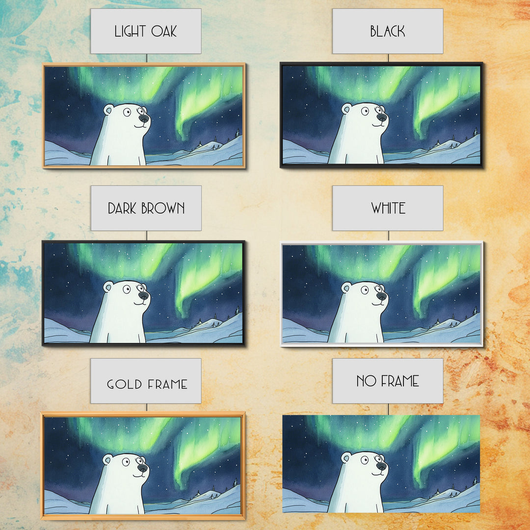 Whimsical Polar Bear Under Northern Lights Wall Art, Arctic Nursery Decor, Aurora Animal Print, Kids Room Canvas Gift, Home Decor