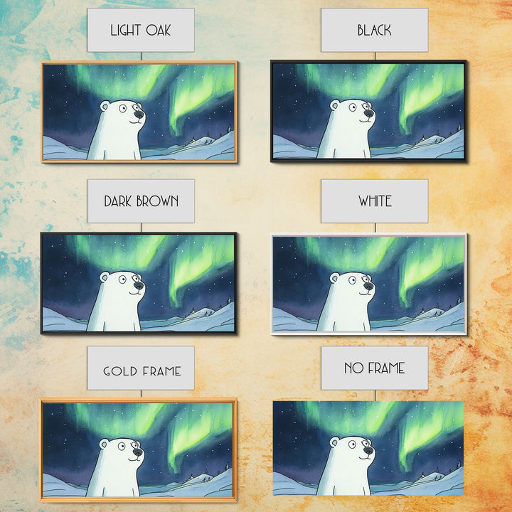 Whimsical Polar Bear Under Northern Lights Wall Art, Arctic Nursery Decor, Aurora Animal Print, Kids Room Canvas Gift, Home Decor