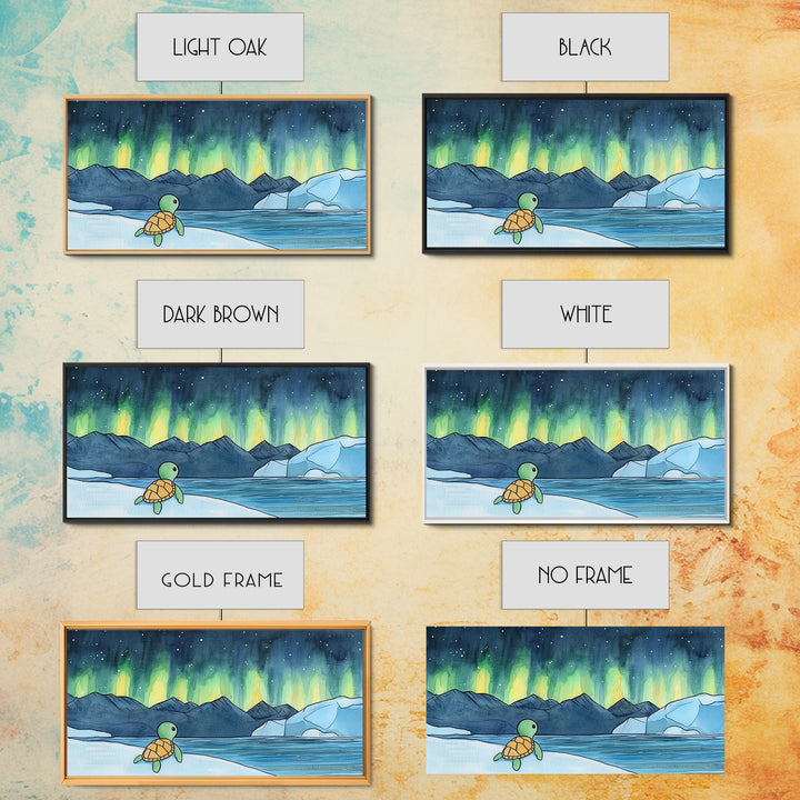 Baby Sea Turtle Watching Aurora Wall Art, Northern Lights Landscape, Arctic Ocean Nursery Decor, Whimsical Kids Room Print