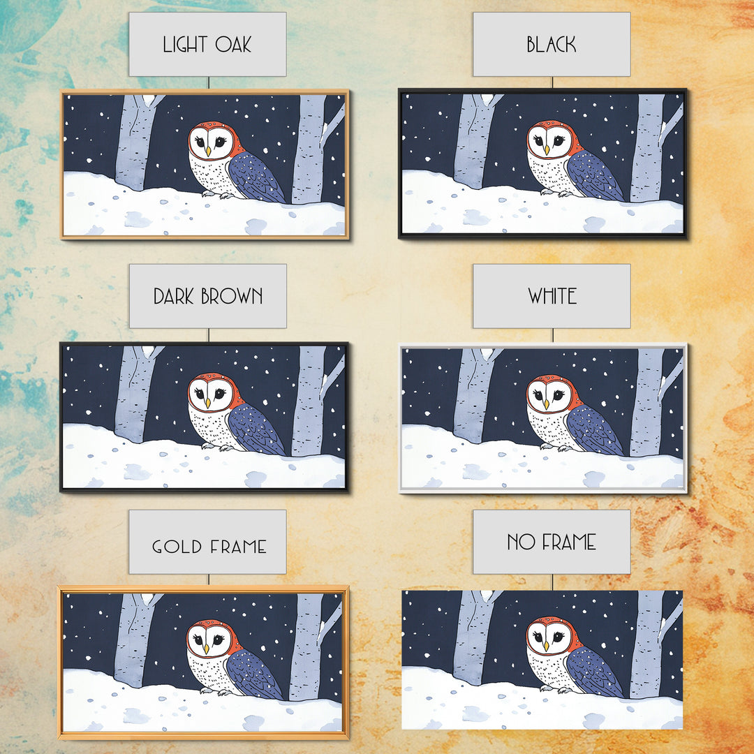Cute Red And Blue Owl In Snow Wall Art, Woodland Nursery Decor, Whimsical Bird Print, Winter Animal Canvas For Kids Room