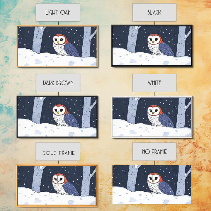 Cute Red And Blue Owl In Snow Wall Art, Woodland Nursery Decor, Whimsical Bird Print, Winter Animal Canvas For Kids Room